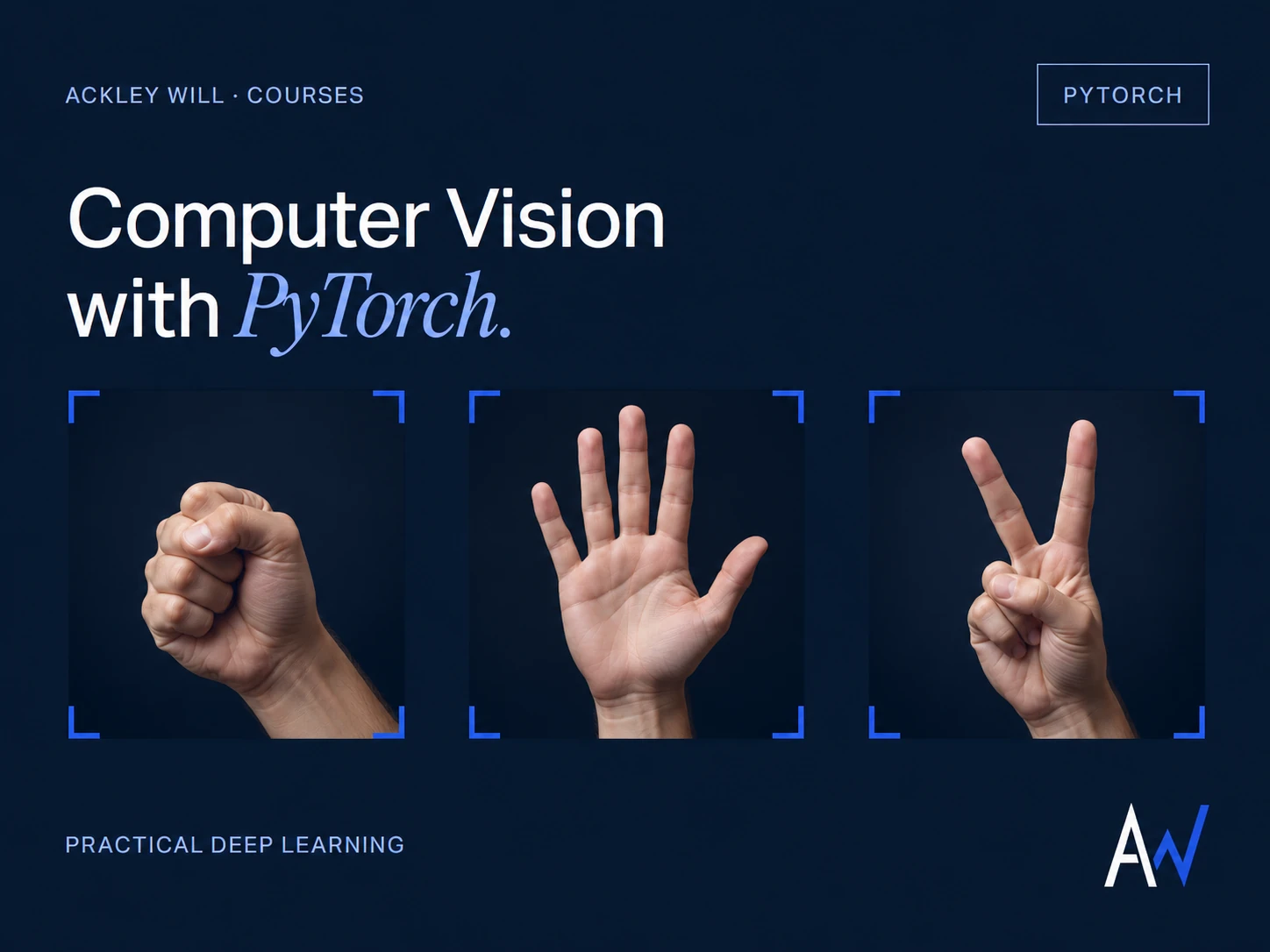 Computer Vision with PyTorch course artwork showing rock, paper and scissors hand gestures