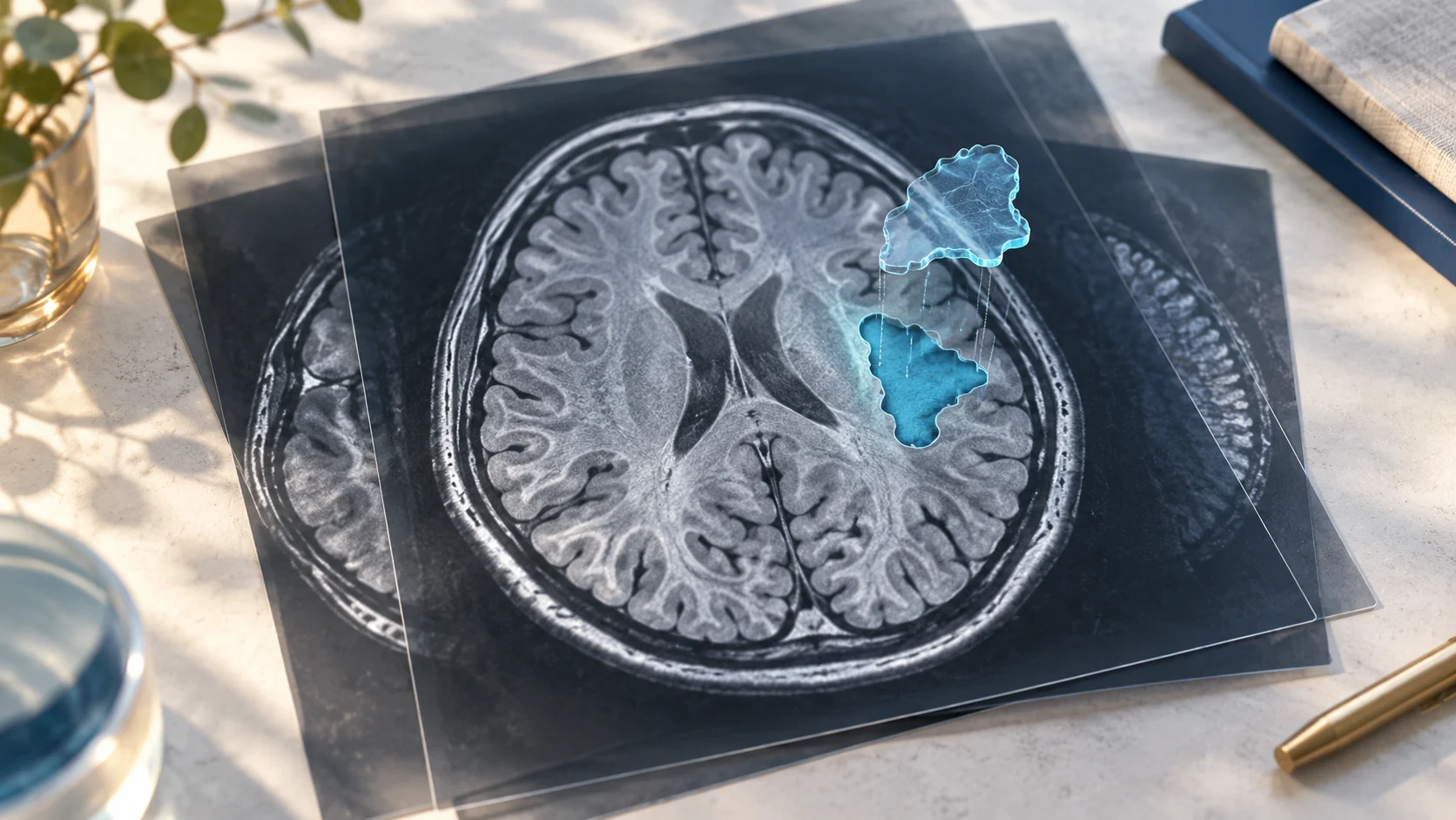 Conceptual illustration of a brain MRI slice and an elevated segmentation-mask layer