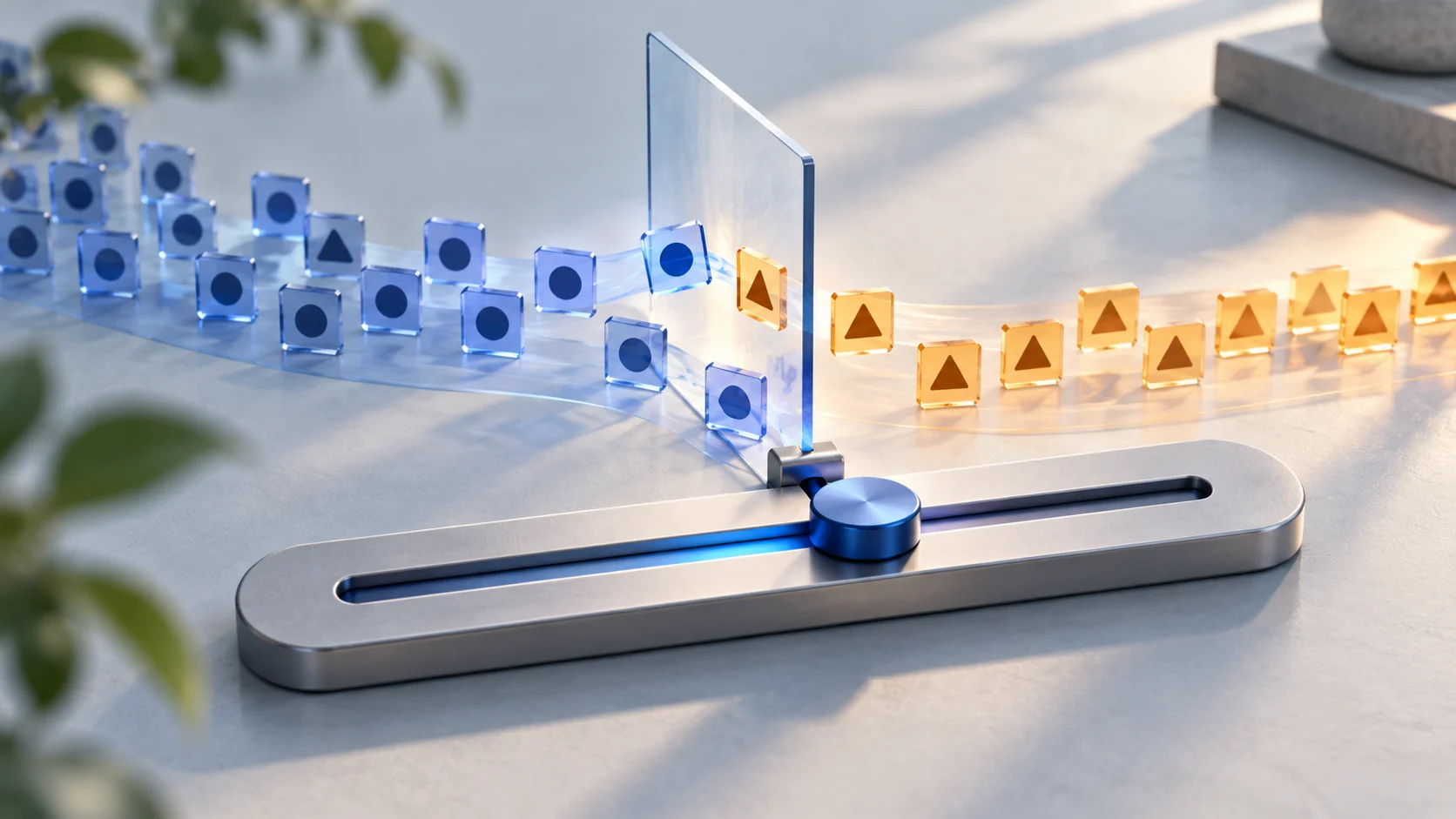 Illustration of a movable decision gate and slider separating blue and amber case tiles