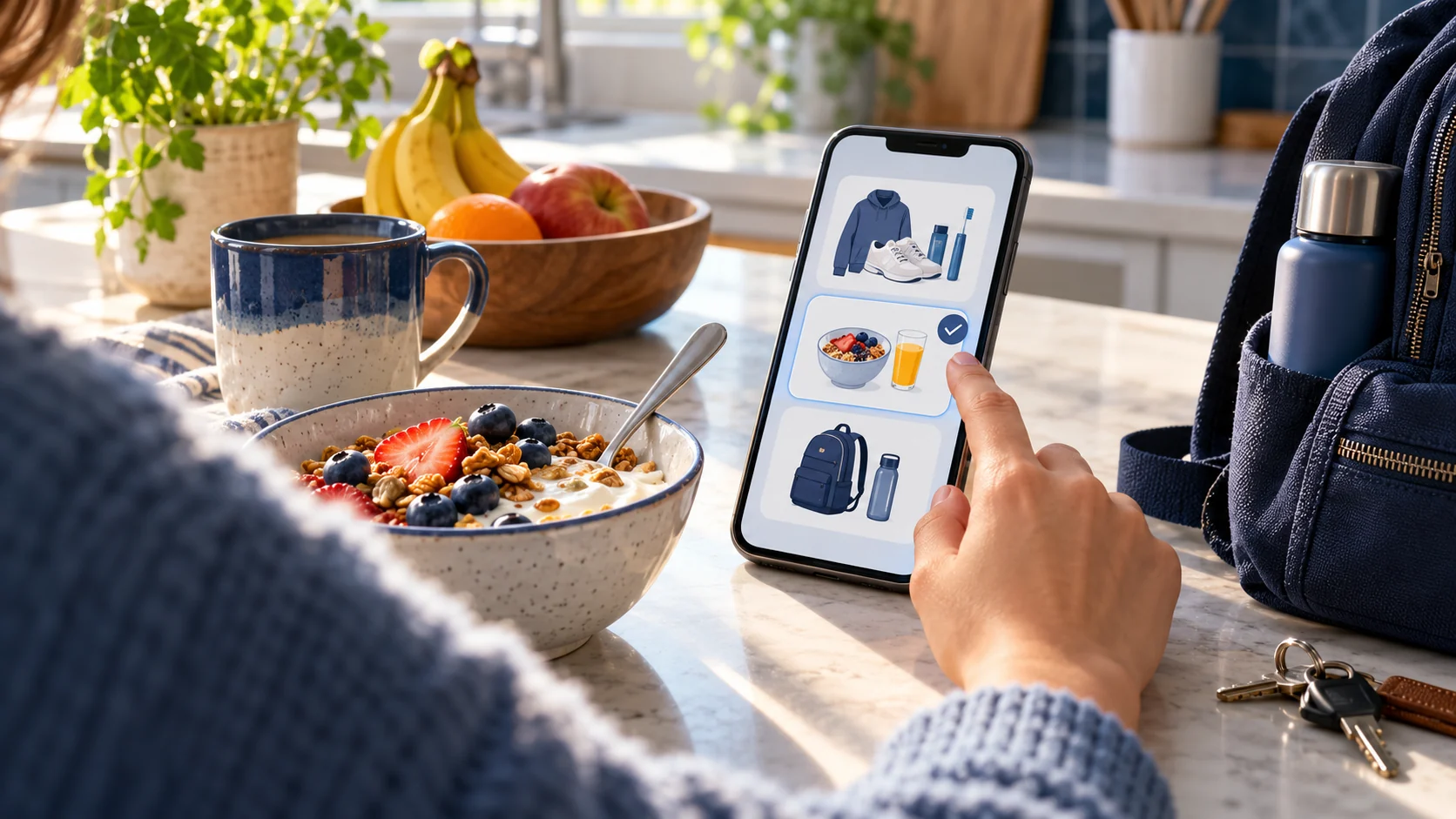 Concept illustration of someone checking a picture-based routine on a phone while preparing breakfast