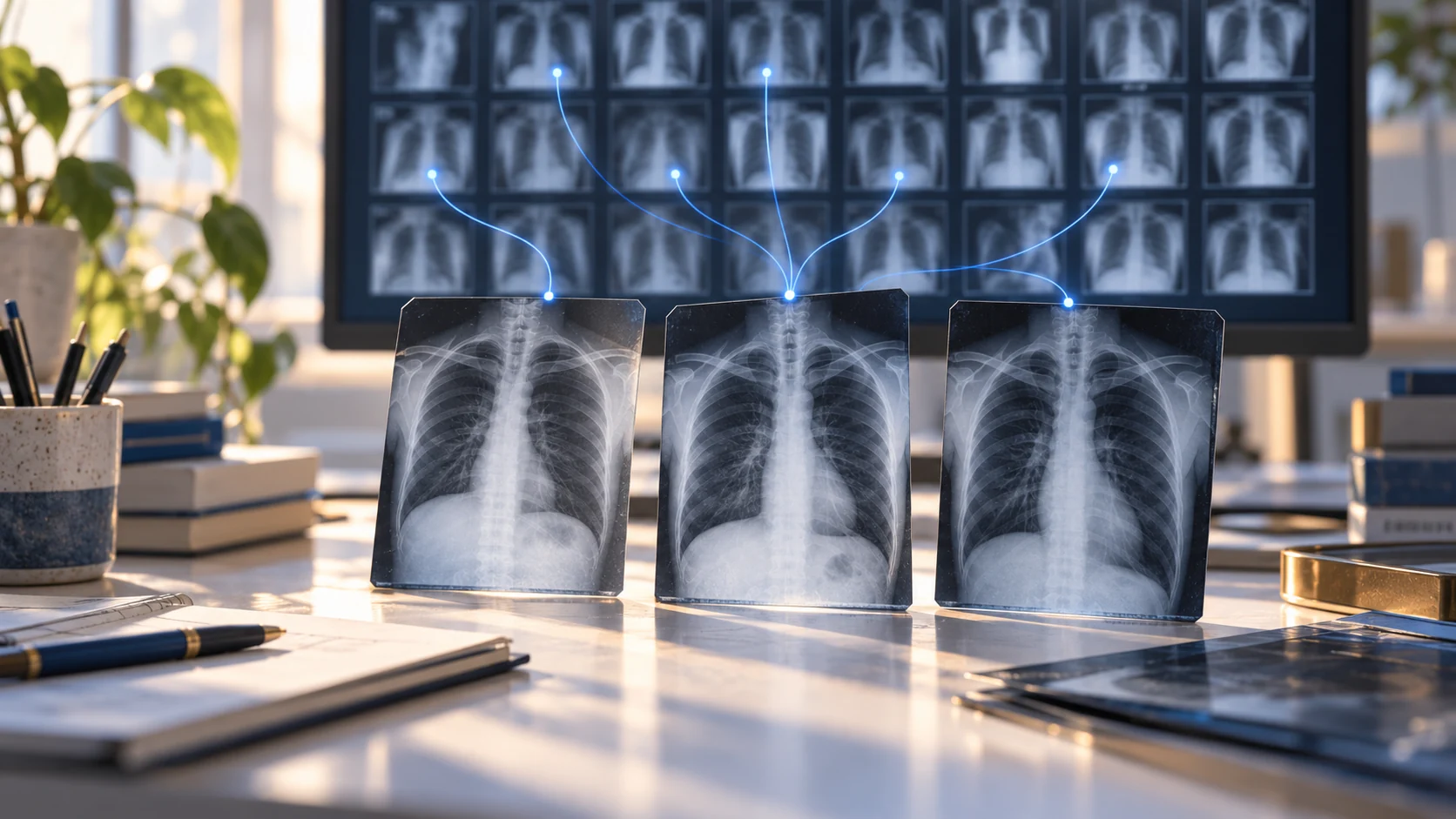 Conceptual illustration of a small set of chest X-rays connected to a larger image collection