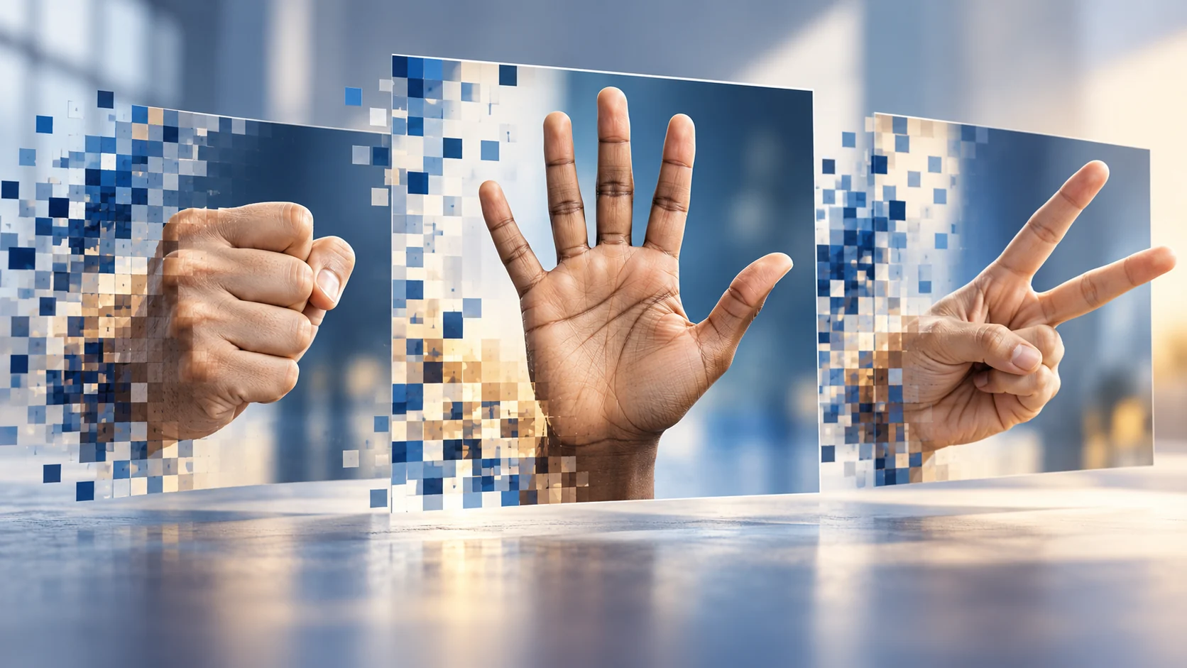Illustration of pixels resolving into three hands showing rock, paper and scissors
