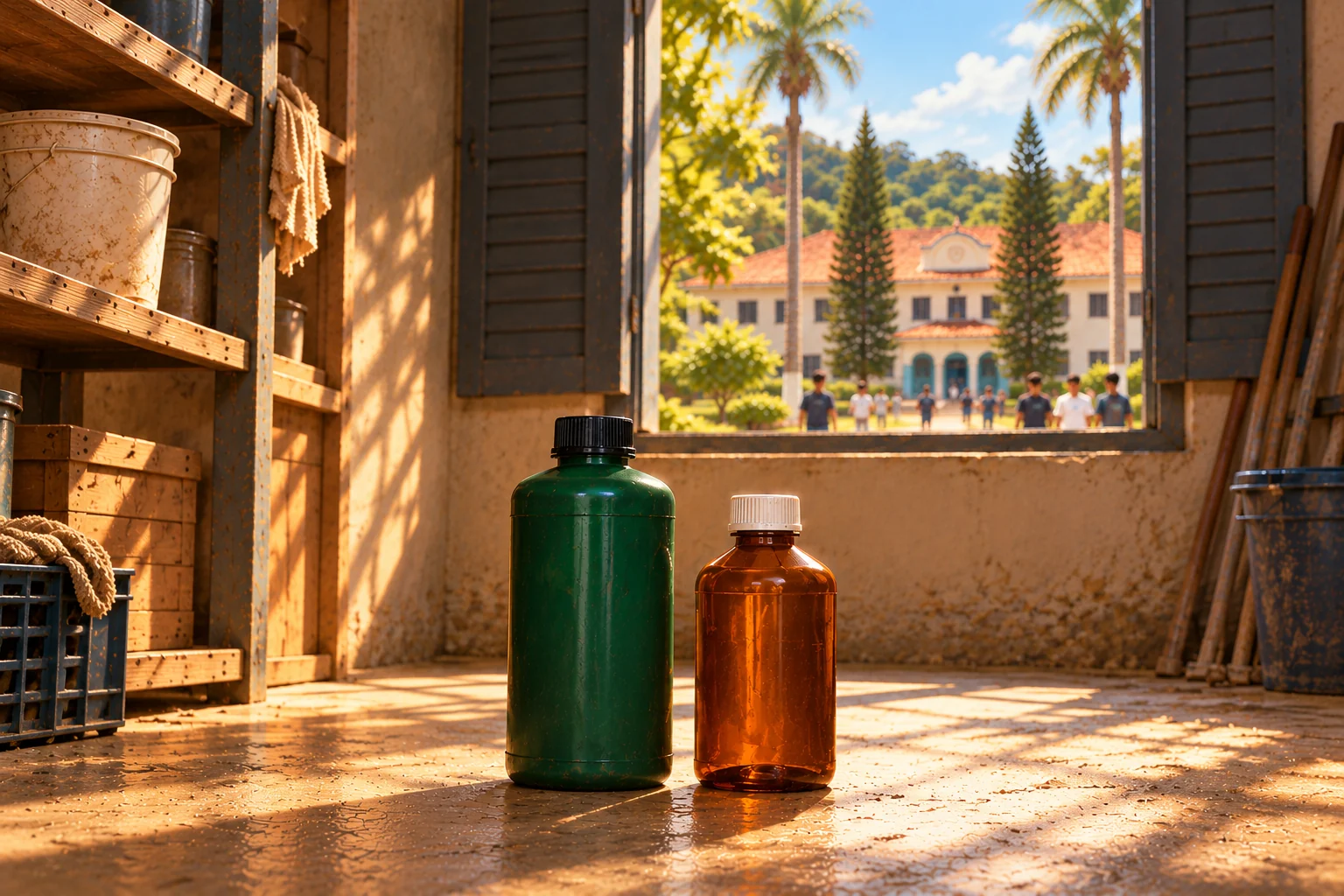 A closed green bottle and a smaller amber bottle on a sunlit storeroom floor, with a Brazilian school courtyard beyond the open window.