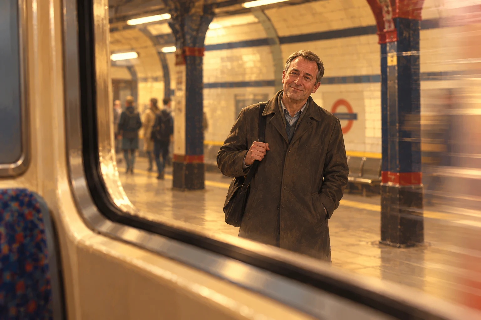 Illustration of a stranger waiting on a station platform as a train departs