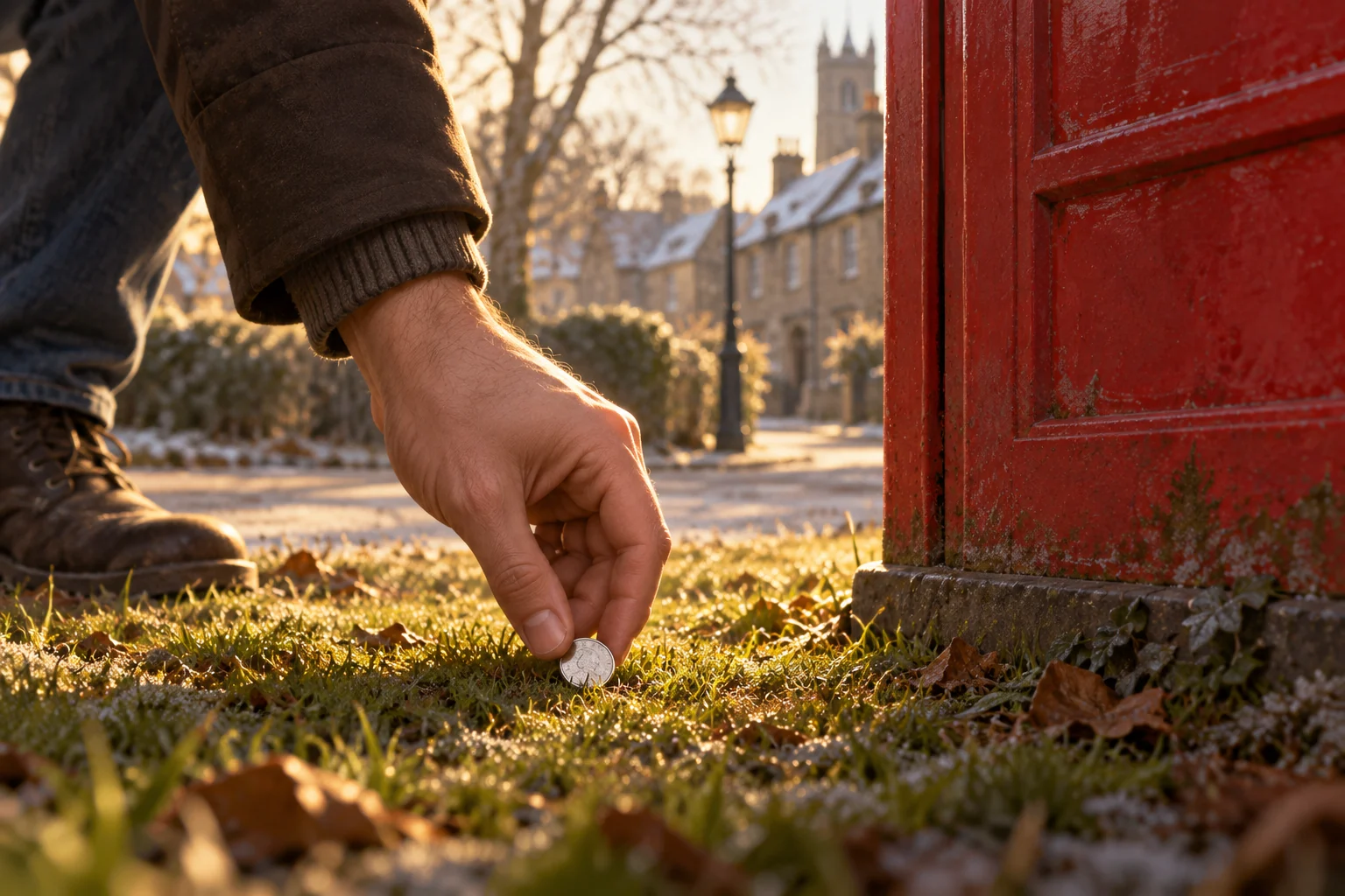 A hand picking up a small silver coin from the grass behind a red British telephone booth in winter.