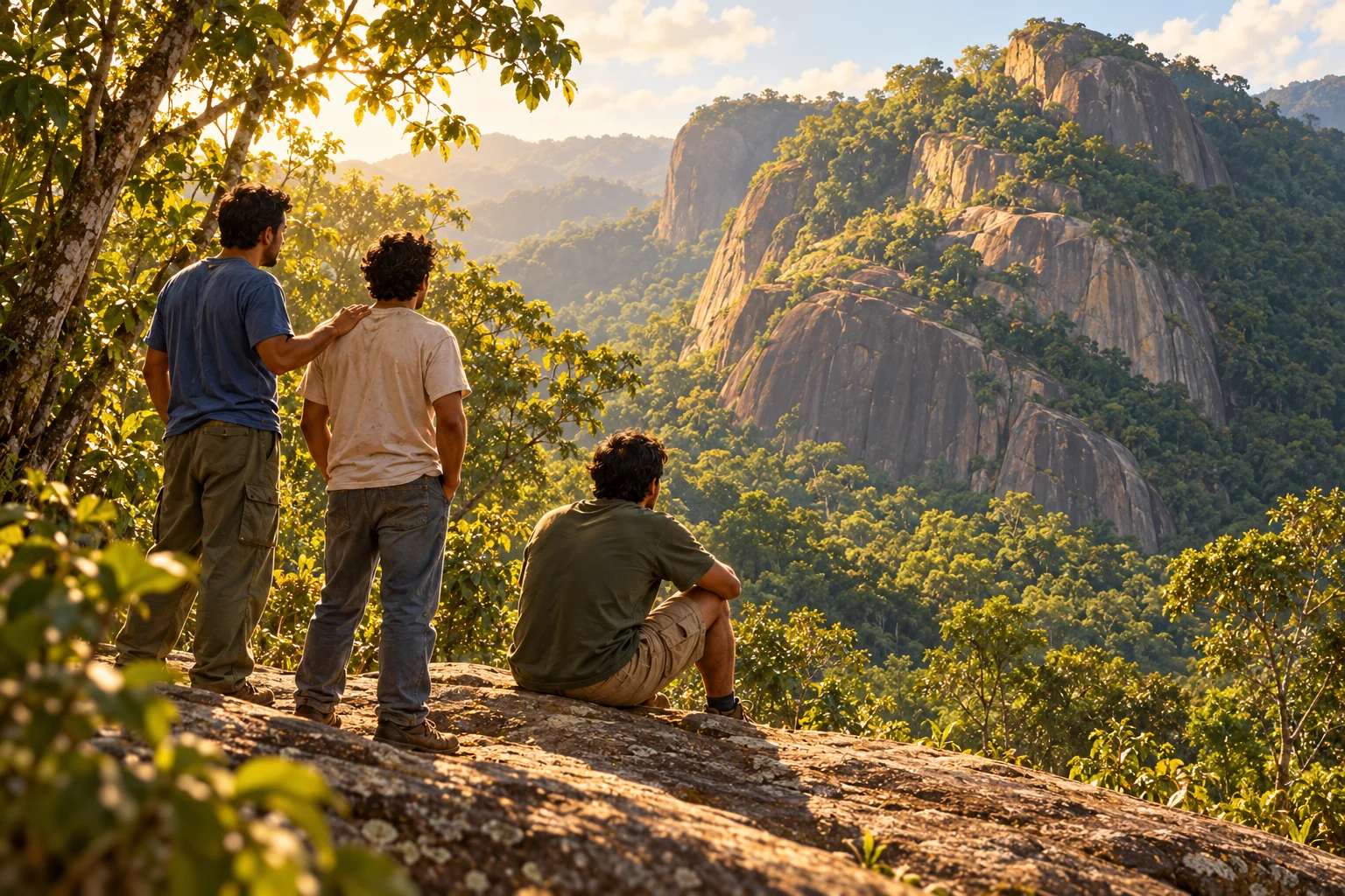 Three friends in an illustrated Brazilian forest pause near a large rock formation, considering the route ahead.