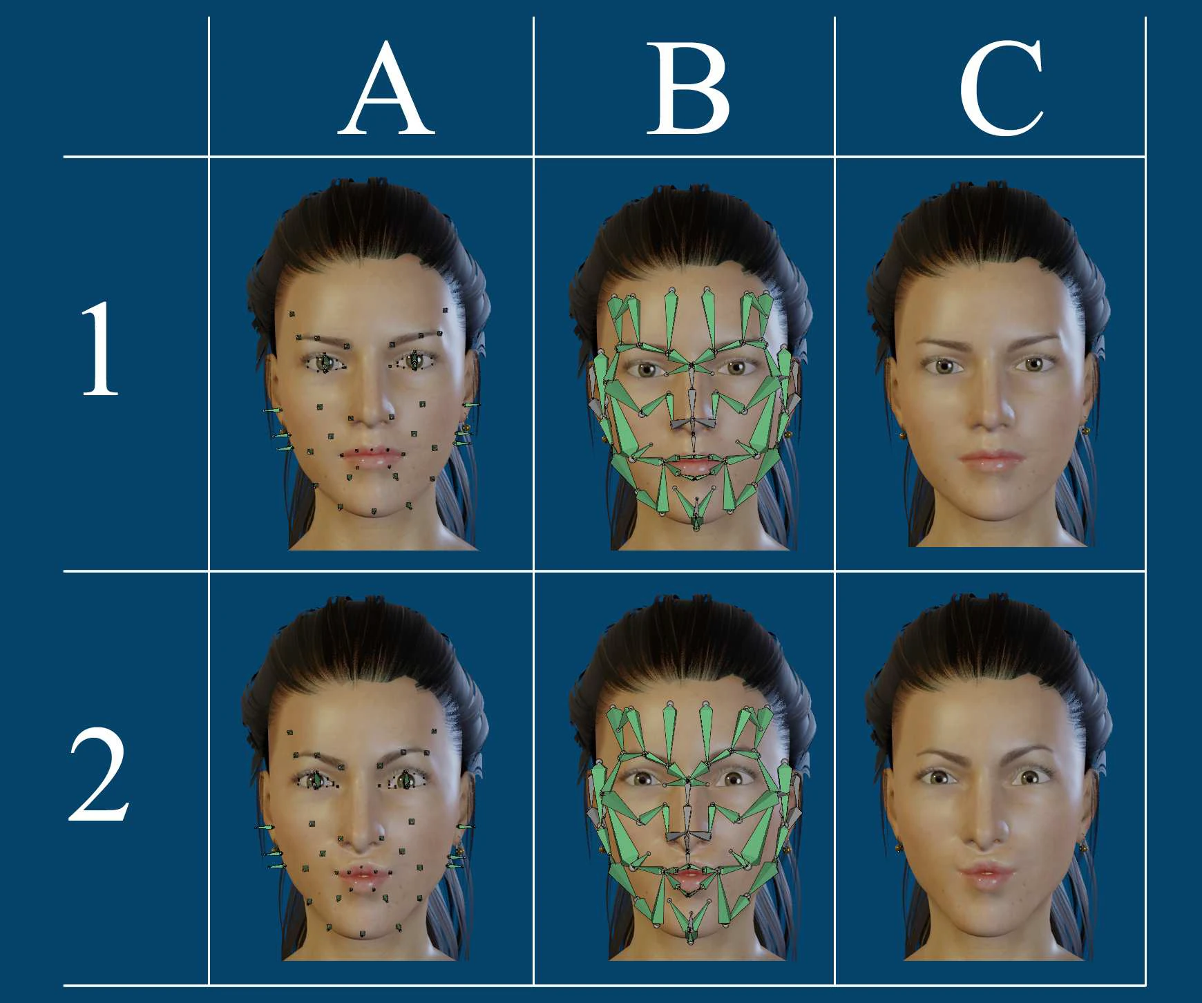 Facial animation rig and controller positions used in the signing-avatar research